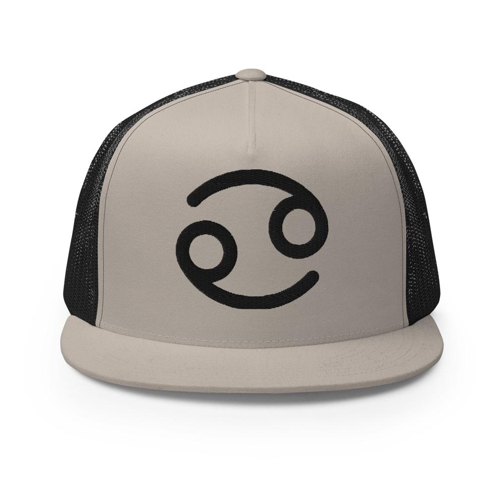 Cancer Zodiac Embroidered Flat Bill Trucker Hat - Silver/Black Color - https://ascensionemporium.net